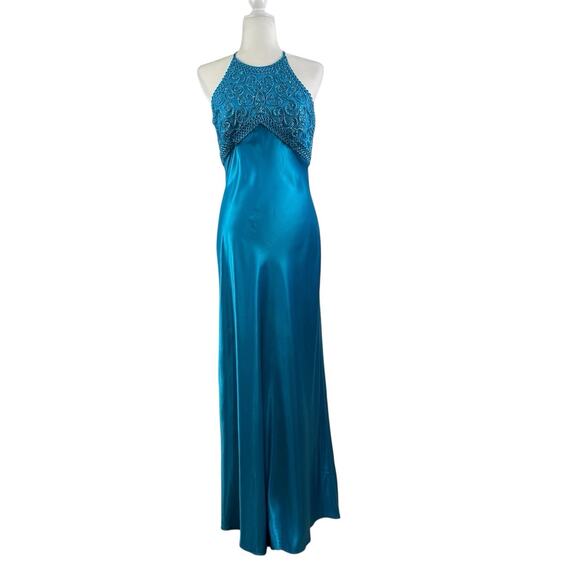 Vintage Morgan And Co Blue Satin Maxi Formal Dress 9/10 Open Back Prom Y2K 90s - Picture 2 of 16